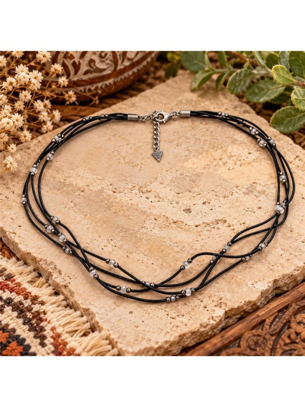 Silpada Sterling Silver CZ Black Leather 4 Strand Necklace 18" Retired N1976